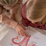 Mother and daughter studying reproductive system illustration for sex education at home.